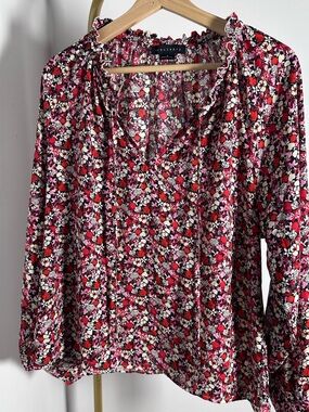 Sanctuary Red Pink White Floral Long-Sleeve Ruffle Neck Blouse